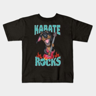 Karate Rocks with Doxie Dog Dachshund with guitar rocks tee Kids T-Shirt